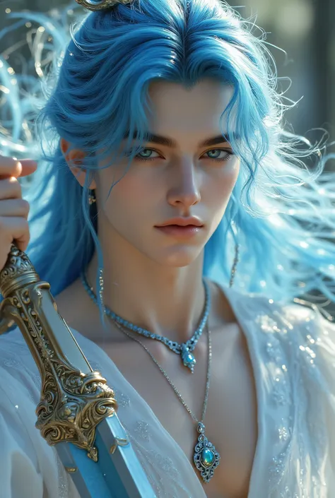Pull down her very, very long, wavy blue hair、light blue eyebrows、Fair skin、A slender, slender jaw、A man with white skin is smooth and smooth white、man with a very wide, luxurious, and large giant magic sword is beautiful, very large, and has impressive li...