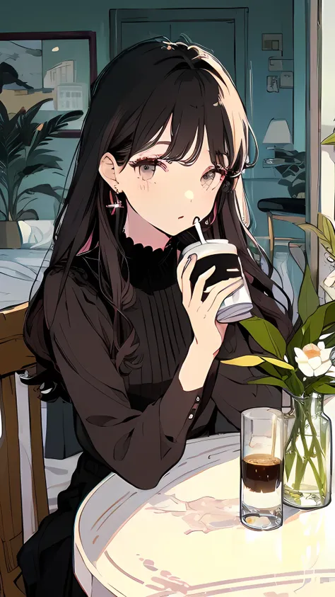 (( Highest Quality)), ((傑 Highest Quality、masterpiece、high sensitivity、 high resolution、 detailed description 、 depicting a delicate face )) slender woman、small face、thin waist、thin legs、slender figure、 black eyes、dark haired、straight hair、long sleeve、blac...