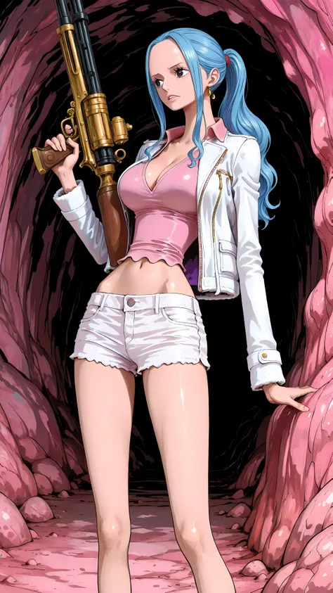 (masterpiece,best quality:1.2,amazing quality,very aesthetic, absurdres, newest), (full coloring), official style,(Nefertari Vivi ,one piece),1girl,solo,(skinny:1.2), medium breasts,ponytail,white jacket,collared jacket,pink shirt,V-neck,midriff,white shor...