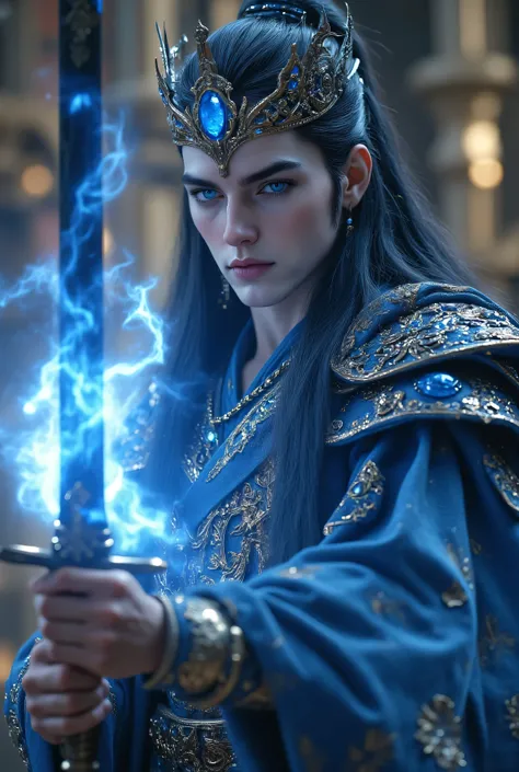 Smooth white skin around the mouth、white, smooth, clean jaw、very very big blue eyes、hanging eye、Dark Blue Long Hair 、Dark Blue Eyebrows 、Clean, high nose、A gorgeous large crown with blue jewels、LARGE BLUE STONE LUXURY NECKLACE、gorgeous earrings、fantastic r...