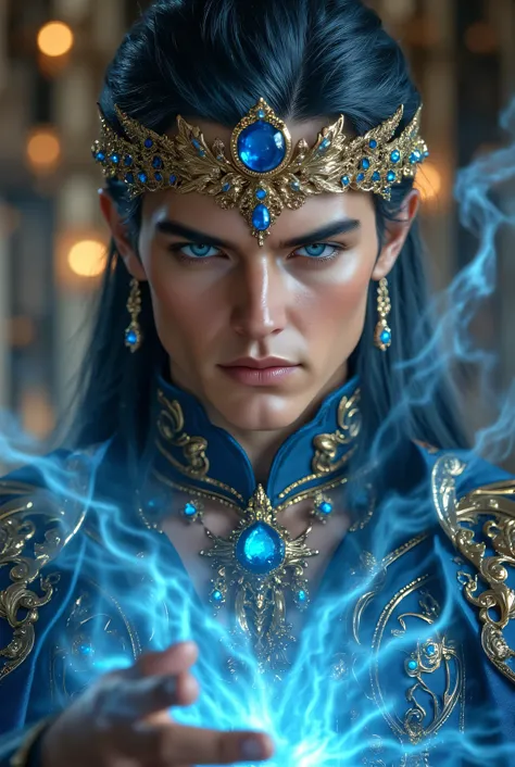 Smooth white skin around the mouth、white, smooth, clean jaw、very very big blue eyes、hanging eye、Dark Blue Long Hair 、Dark Blue Eyebrows 、Clean, high nose、A gorgeous large crown with blue jewels、LARGE BLUE STONE LUXURY NECKLACE、gorgeous earrings、fantastic r...