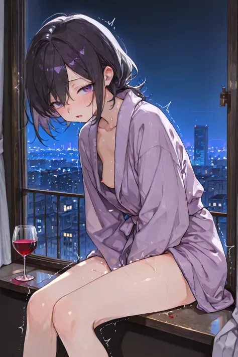(masterpiece, detailed:1.2),a room with a night view、Full Glass Wall、night city background 、dark room、、、mature woman in thin bathrobe、small tits、sitting by the window、no panties、drinking wine、Lean forward、Rubbing the crotch、Trembling Orgasm、voice