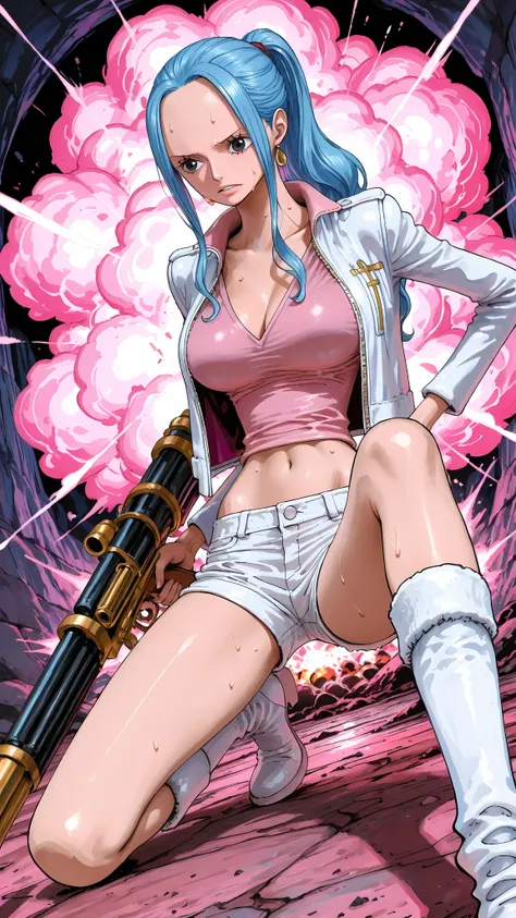 (masterpiece,best quality:1.2,amazing quality,very aesthetic, absurdres, newest), (full coloring), official style,(Nefertari Vivi ,one piece),1girl,solo,(skinny:1.2), medium breasts,ponytail,white jacket,collared jacket,pink shirt,V-neck,midriff,white shor...