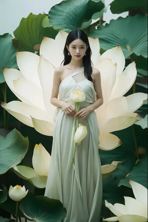 Light pink and light white tones,Full body feminine love,  white background, natural lighting, Light effect, minimum, amazing, Pure tenderness, Soft lighting, Realistically. Woman is ( collarbone , B shoulder,) Put in (Pray and stand) super giant Lotus，Lea...