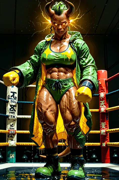 masterpiece, best quality, amazing quality, 8K, render, 3D, volumetric light, cinematic shading, 1girl, solo, human anthro, kangaroo, muscled, defined, Muscular, (Sheer Black Silk boxing silks), (Open Dark Green Silk Boxing Robe), (Wet Translucent Sports B...