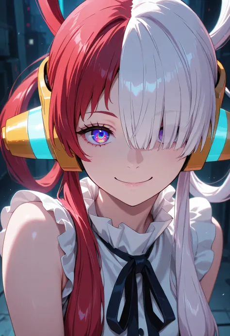 cyberpunk,(masterpiece, detailed:1.2),uta,1girl,solo,headphones,multicolored hair,two-tone hair,white hair,split-color hair,hair rings,long hair,smile,hair over one eye,looking at viewer,ribbon,
