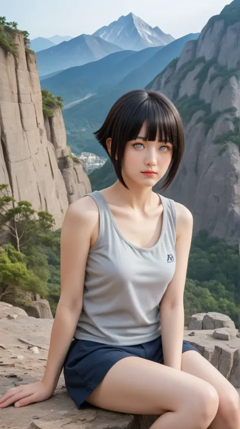 Masterpiece, best quality, 8k, ultra high resolution, photorealistic, cinematic composition.,1girl, solo,hinata,(light grey eyes:1.5),black hair,short hair,outdoors,potrait,ruins,small breast,(sitting on boulders:1.4),front view,blunt bangs,no puppils,(tan...