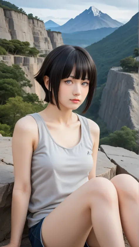 Masterpiece, best quality, 8k, ultra high resolution, photorealistic, cinematic composition.,1girl, solo,hinata,(light grey eyes:1.5),black hair,short hair,outdoors,potrait,ruins,small breast,(sitting on boulders:1.4),front view,blunt bangs,no puppils,(tan...