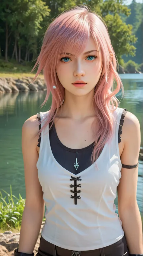 1girl, solo,lightning farron,blue eyes,pink hair,long hair,outdoors,potrait,forest,medium breast,(lake background:1.4),front view,final fantasy outfit, black glove,(close up:1.2),(wear tanktop:1.5),potrait,standing still,bike shorts