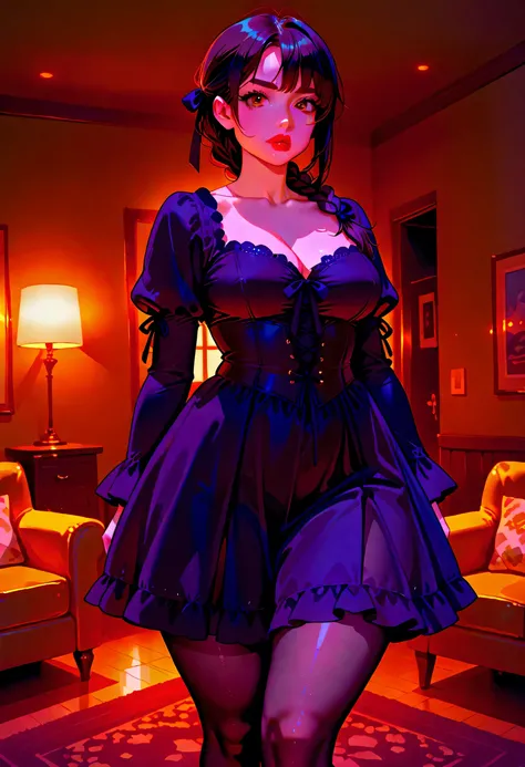 black hair, single braid hair, (detailed brown eyes), (hair ribbon), black thin eyebrows, black eyeliners, nose, thick lips, red lips, collarbone, cleavage, medium breasts, black gothic dress, (black tights), (thick thighs:1.2), standing, (dark living room...