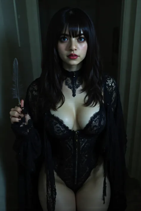 (((On the top floor of the Dark Castle:2.0))),((Night sky with constellations:2.0)),(((Gothic, dark horror atmosphere:2.0))),standing in the teacher's house,Looking Up at the Night Sky,One female ghost,((super cute face taking a feather:2.0)),(Beautiful we...