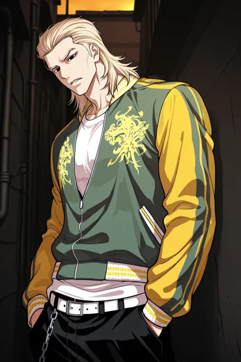 1male, solo, blond hair, medium hair, slicked back hair, mullet hair, black eyes, grim, green and yellow sukajan-jacket, white t-shirt, black baggy pants, white belt, chains-pants, big muscle, alley, sunset, male focus, Lookism