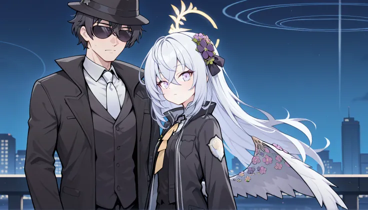 1girl and 1male,(azusa (blue archive),purple eyes,white hair,long hair,wings,white necktie, gloves, black suit, black fedora, shirt, vest, black coat, outdoor, city, in the night, sunglasses, slacks,　Kevin, masterpiece, Best Quality, very aesthetic, cool, ...