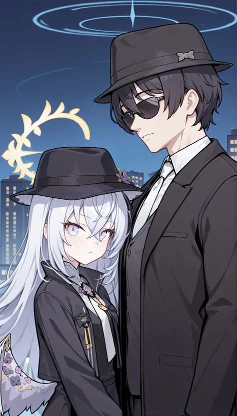 1girl and 1male,(azusa (blue archive),purple eyes,white hair,long hair,wings,white necktie, gloves, black suit, black fedora, shirt, vest, black coat, outdoor, city, in the night, sunglasses, slacks,　Kevin, masterpiece, Best Quality, very aesthetic, cool, ...