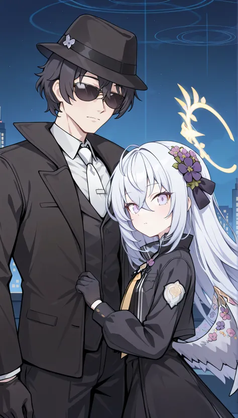 1girl and 1male,(azusa (blue archive),purple eyes,white hair,long hair,wings,white necktie, gloves, black suit, black fedora, shirt, vest, black coat, outdoor, city, in the night, sunglasses, slacks,　Kevin, masterpiece, Best Quality, very aesthetic, cool, ...