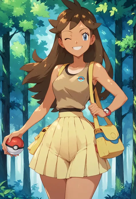 Pokemon trainer leaf, long hair, hourglass body, pokemon anime, brown tank top, tan pleated miniskirt, shoulder bag, sleeveless, wide hips, tiny waist, holding a pokeball, smiling, winking, cowboy shot, forest setting