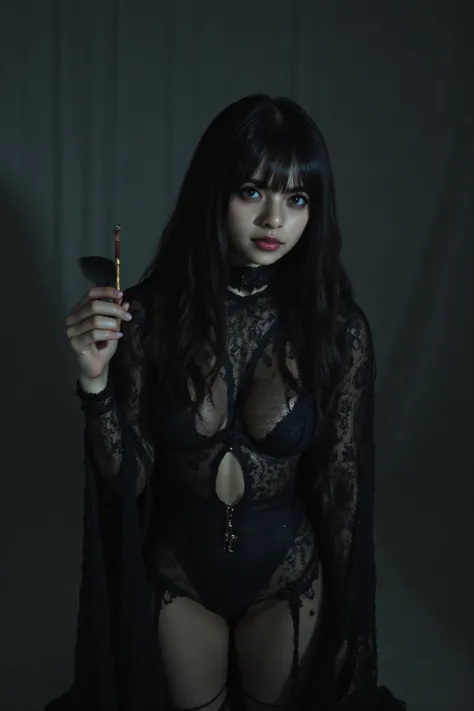 (((On the top floor of the Dark Castle:2.0))),((Night sky with constellations:2.0)),(((Gothic, dark horror atmosphere:2.0))),standing in the teacher's house,One female ghost,((super cute face taking a feather:2.0)),(Beautiful well-balanced face :2.0),((lon...