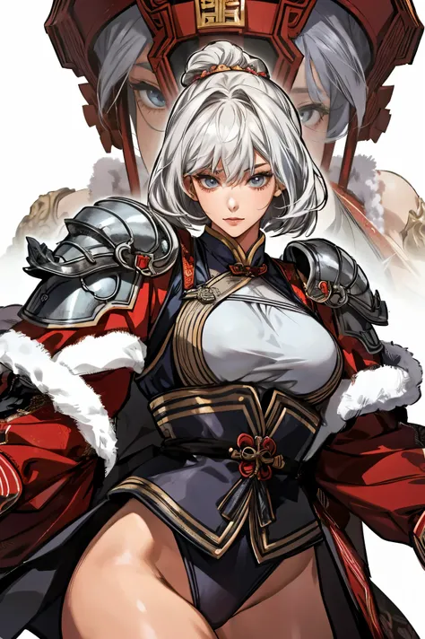 attractive woman, a woman from the Three Kingdoms period, gray hair, Big breasts, An exposed woman, Solo, creates an image from the top of her head to her thighs, sword, Three Kingdoms Armor
