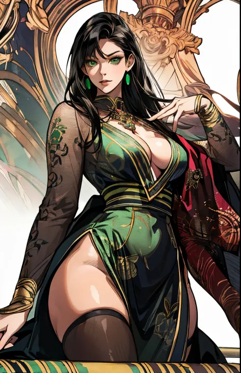 beautiful woman, (((Change the color of the costume to green))), (((black hair))), hair jewelry