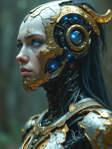 “Cinematic 8K image of a cybernetic tribal warrior with a perfect 50/50 body split. One side is deeply human, with realistic cracked skin, pulsing blue inner glow, and facial paint resembling indigenous ceremonial designs. Golden fractal markings wrap arou...