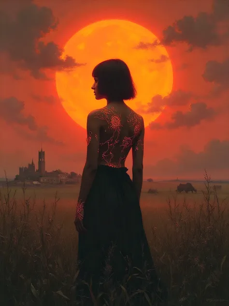S1n0z1ck style,Victorian era oil painting by Henrietta Rae,Mysterious glowing woman standing in a field at twilight — tribal sun tattoos glowing orange on dark skin, stylized silhouette — short bob haircut, intense wide eyes, circular aura behind her — omi...