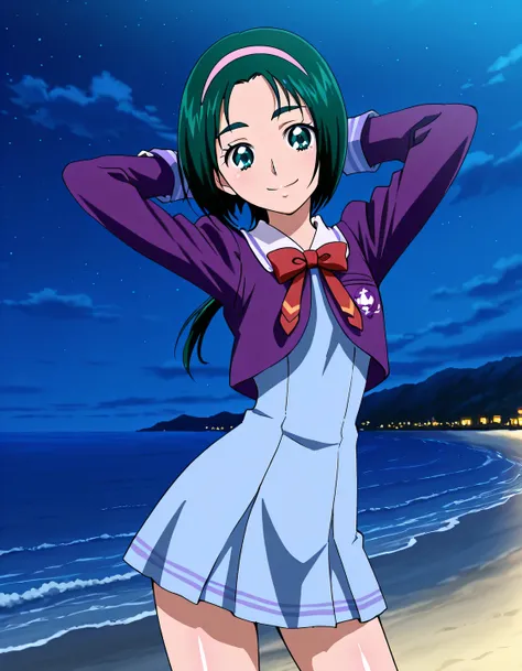 Komachi, dark green hair, short_hair, low ponytail, hairband, pink band, green eyes, small_breasts, hairband, school uniform, purple jacket, long sleeves, cropped jacket, red bowtie, blue dress, short dress, pleated dress, screencap, high quality, solo, s...