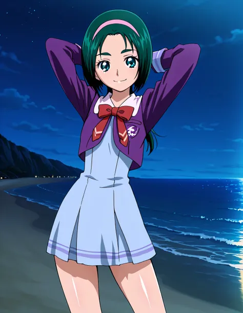 Komachi, dark green hair, short_hair, low ponytail, hairband, pink band, green eyes, small_breasts, hairband, school uniform, purple jacket, long sleeves, cropped jacket, red bowtie, blue dress, short dress, pleated dress, screencap, high quality, solo, s...