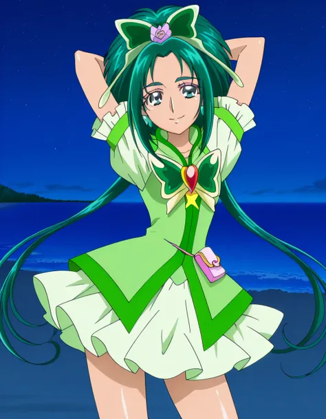 Cure Mint, green_eyes, green hair, short_hair, low twintails, hair_ornaments, earrings, ,green precure costumes, small_breasts, anime screencap, high quality, solo, shiny skin, nighttime, beach, arms behind head, (contrapposto), closed mouth, smile, cowboy...