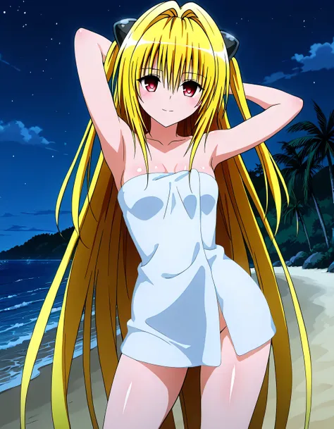 konjiki no yami, hair intakes, hair between eyes, two side up, very long hair, blonde hair, red eyes, hairpods, naked towel, small breasts, anime coloring, high quality, solo, shiny skin, night sky, beach, arms behind head, (contrapposto), closed mouth, wa...