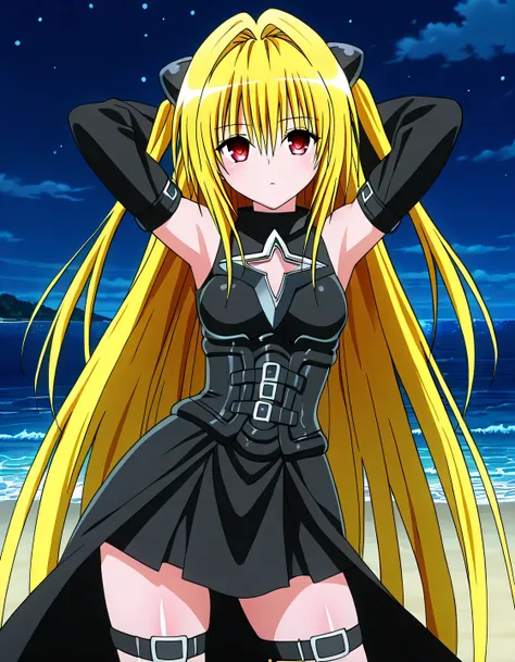 konjiki no yami, hair intakes, hair between eyes, two side up, very long hair, blonde hair, red eyes, hairpods, sleeveless dress, black dress, clothing cutout, black belt, detached sleeves, black sleeves, leg belt, anime screencap, high quality, solo, shin...