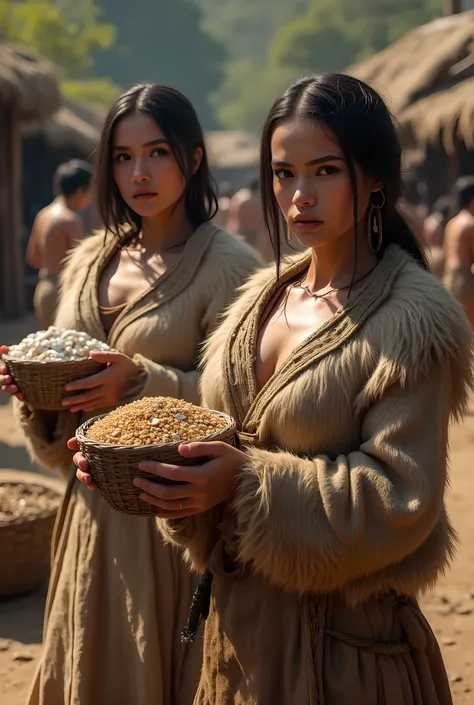 You are a digital artist specializing in hyperrealistic 3D rendering. Your objective is to create a stunning visual representation of a prehistoric market scene.
**Context:** The scene features two female primitive traders in a vibrant market setting, sho...