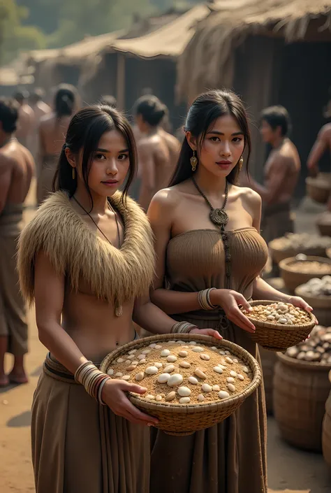You are a digital artist specializing in hyperrealistic 3D rendering. Your objective is to create a stunning visual representation of a prehistoric market scene.
**Context:** The scene features two female primitive traders in a vibrant market setting, sho...