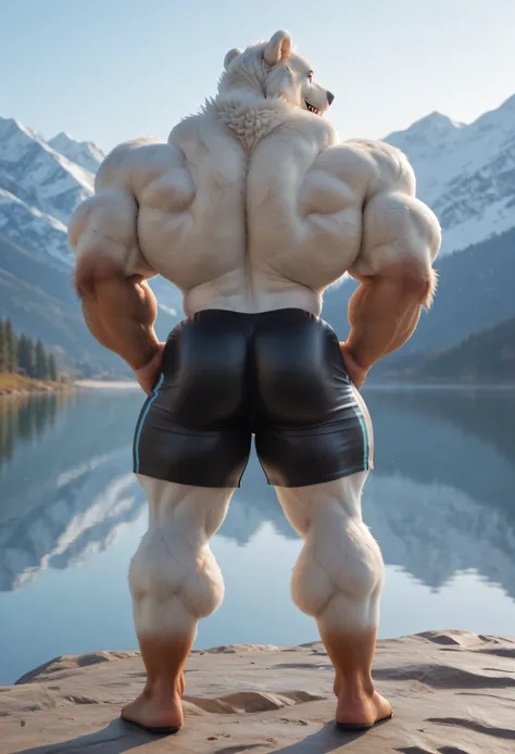 (by 00b00b43), (by morph), (by w0lfc0nf), (by PolarPatroller), Polar Patroller from Fortnite, a huge muscular bara anthro polar bear, standing tall, both hands on hip, back view, facing away, extreme low-angle shot, looking directly at the viewer. (fluffy ...