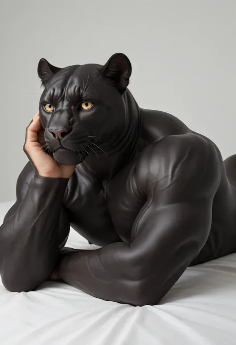 masterpiece, best quality, amazing quality, high quality, semi realistic, furry, 1boy, black panther, black body, huge muscle, topless, simple background, solo, lying on stomach, front, hand on his own cheek, focus face, close up face, smirk, full body,