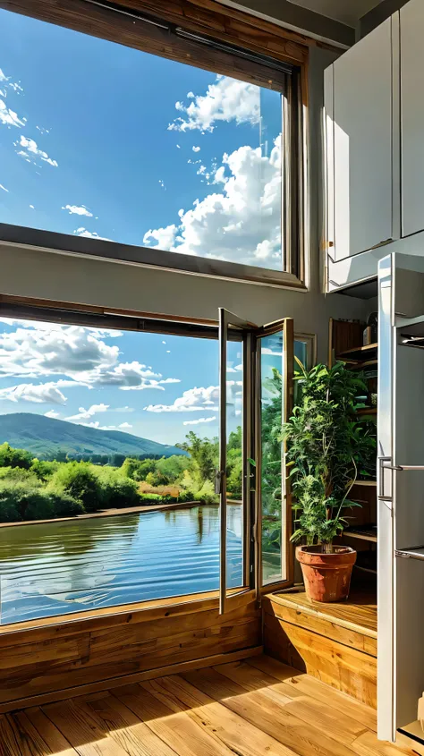 Sunlight floods a cozy kitchen, highlighting a range of vibrant details. The wooden floor tiles blend harmoniously with the rustic cabinetry, topped with a countertop holding fresh bread, an inviting touch. Green plants cascade down the shelves and windows...