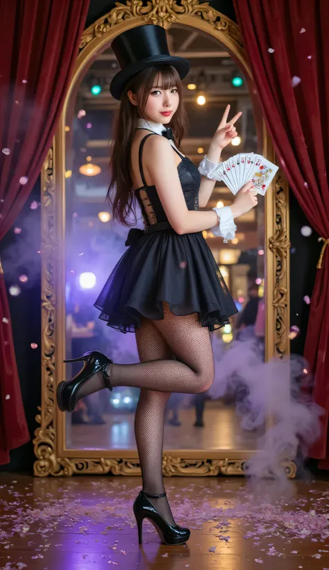 A photorealistic shot of a charming young female magician at her curtain call moment, standing in a three-quarter angle pose with one leg gracefully bent at the knee, foot lifted behind her. Her body is turned 30 degrees from the camera with her face looki...