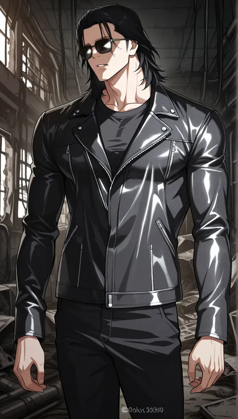 1male, solo, black hair, medium hair, not eyes, sun glasses, grim, leather jacket, black t-shirts, black pants, big muscle, Abandoned factory, male focus, Lookism