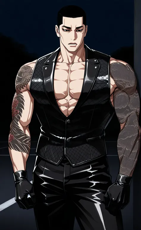 1male, solo, black hair, short hair, buzz-cut hair, black eyes, grim, leather vest, shirtless, black pants, black glove, big muscle, 2arm Yakuza Tattoo, parking, night, male focus, Lookism