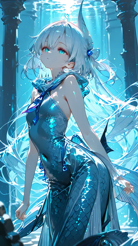 Shiny skin,
(masterpiece, best quality, ultra-detailed, 8k),
1girl, mermaid, mid-shot to waist-up with fin visible, elegant still pose, long luminous ribbon-like light trails around torso and fin,
(cold blue bioluminescent glow), (single fin:1.8), (monofin...