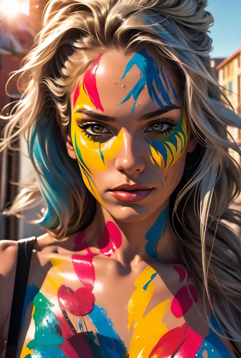 11Paint65Splash99,portrait of a beautiful woman, 2, (body painted with colorful paint, carnival style), realistic self portrait, 8K UHD, dslr, grain of film, Fujifilm XT3 photorealistic painting midjourney art, bright outdoor sunshine, inspired by a Brazil...