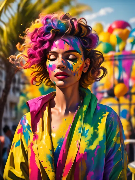 11Paint65Splash99,portrait of a beautiful woman, 2, (body painted with colorful paint, carnival style), realistic self portrait, 8K UHD, dslr, grain of film, Fujifilm XT3 photorealistic painting midjourney art, bright outdoor sunshine, inspired by a Brazil...