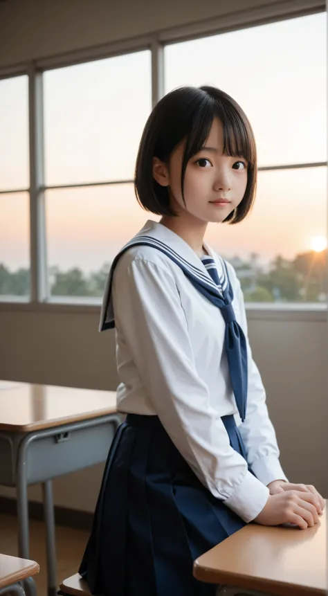 8k, super real, very detailed, {photo realistic;1.4), perfect lighting, realistic feel, (black haired short bob)、cute Japanese high school girl, high school uniform. (very thin), Golden hair shining in the sunset, sitting in a school classroom, lots of fem...