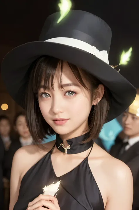 (Highest Quality, High Accuracy Choice, masterpiece:1.2), （Person doing magic tricks）、（is doing a magic trick to pull pigeons out of his silk hat）、He has Paul the magician、realistic:1.37、 Beautiful woman facing the front、 Thin face 、（Portrait）、Beautiful wo...