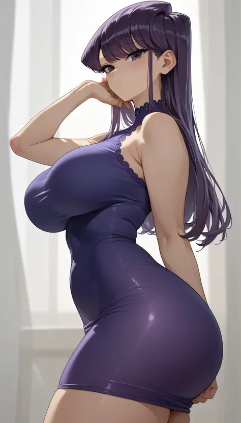 A young Komi Shouko with huge breast a huge ass purple hair glassy purple eyes purple tight purple dress very transparent very revealing