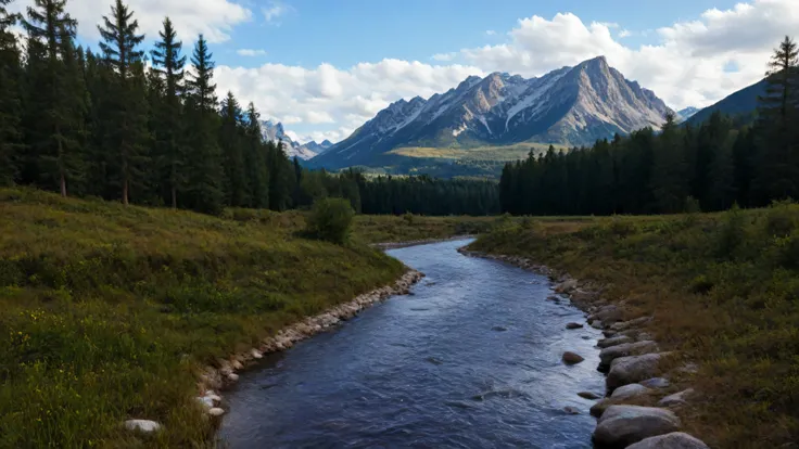 Magnificent snow-capped mountain towers in the background under a bright blue sky, speckled with smooth white clouds. Sebuah , the meandering river reflects the blue sky, berbintik kecil, a white sailboat gliding across the shimmering water. Di tepi sungai...