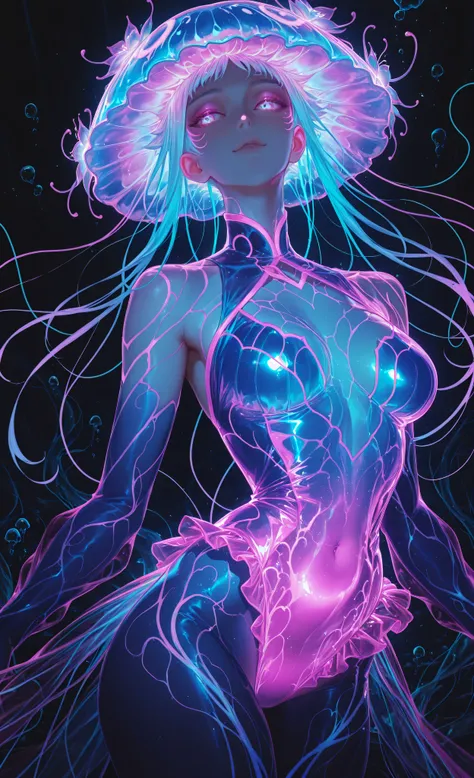 (neon aesthetic, neon colors, glowing, glow effect, vibrant colors, high contrast, fluorescent, luminescence, light effects, chromatic lighting, colorful lighting, bright outlines, neon lineart, dark background, digital art, dramatic shadows, bloom lightin...