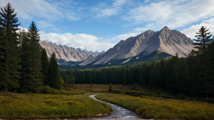 Magnificent snow-capped mountain towers in the background under a bright blue sky, speckled with smooth white clouds. Sebuah , the meandering river reflects the blue sky, berbintik kecil, a white sailboat gliding across the shimmering water. Di tepi sungai...
