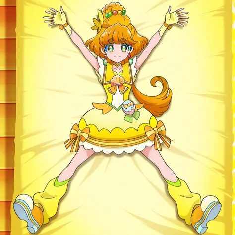 curepapaya, tropri, anime screencap, high quality, solo, lying, on back, from above, arms up, spread legs, closed mouth, on bed, looking at viewer, full body, smile, best quality