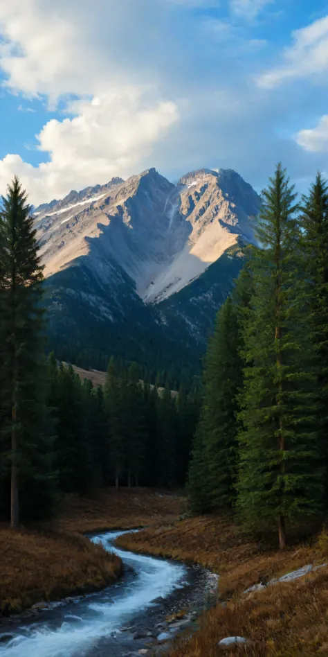 Landscape with mountains, stream, pine trees and clouds