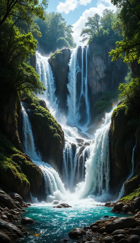 Photorealistic landscape of breathtaking waterfall cascading dramatically through pristine forest wilderness, massive volume of crystal clear water plunging powerfully over ancient granite cliff face creating spectacular white spray and mist upon impact, m...